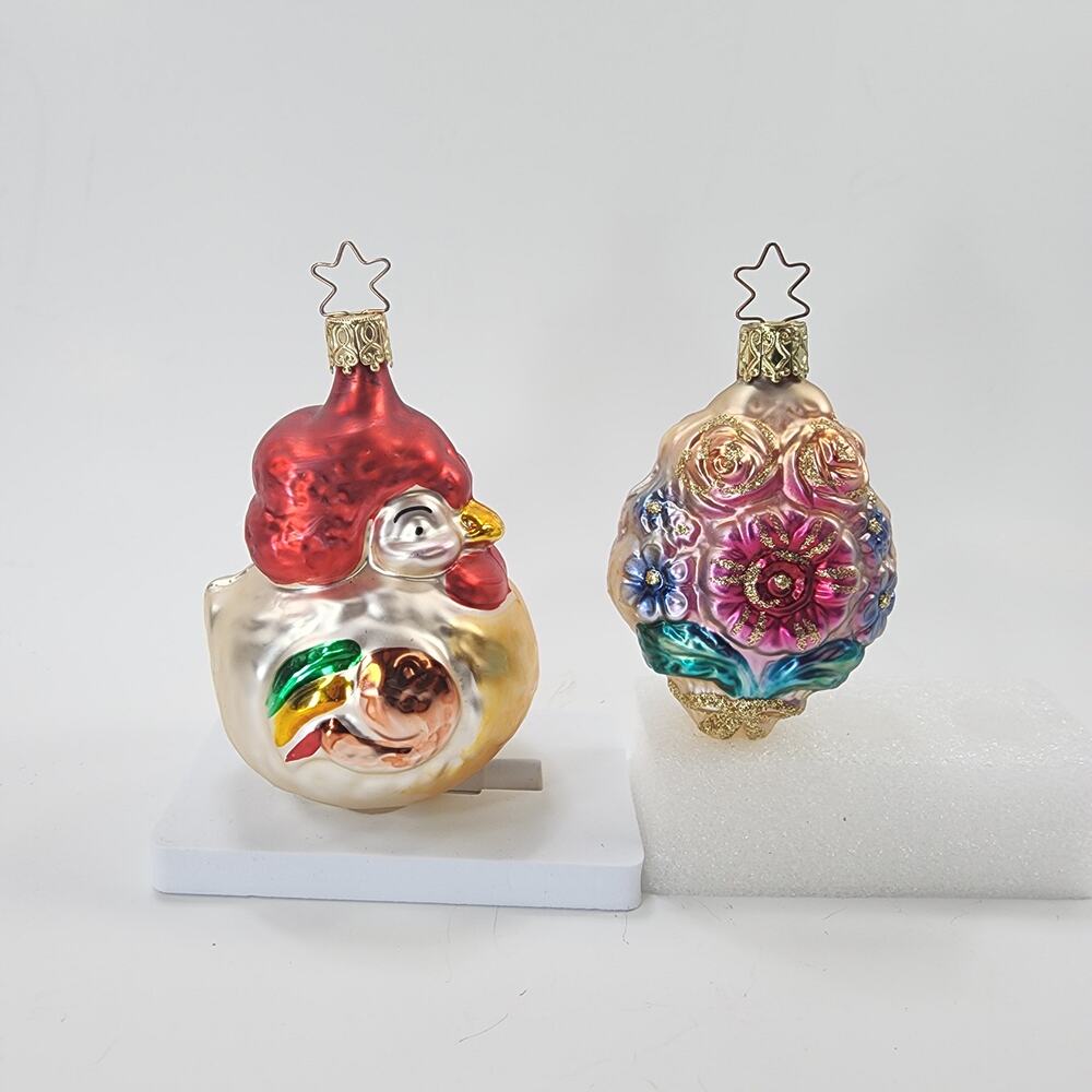 Glass Blown Chicken & Bouquet Christmas Ornament Set